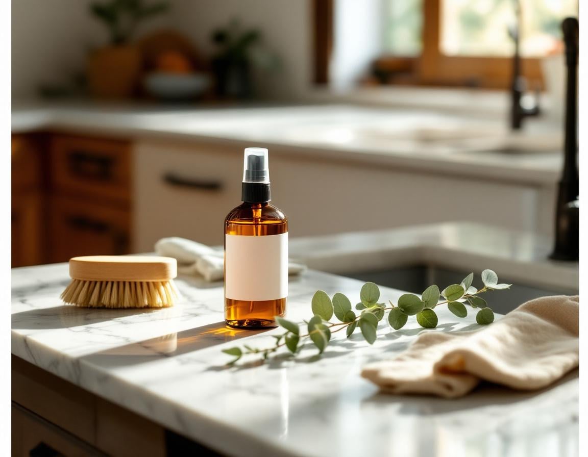 Amber glass spray bottle, natural-bristle brush, and fresh eucalyptus on a marble kitchen counter, representing Environmental Reset deep cleaning.
