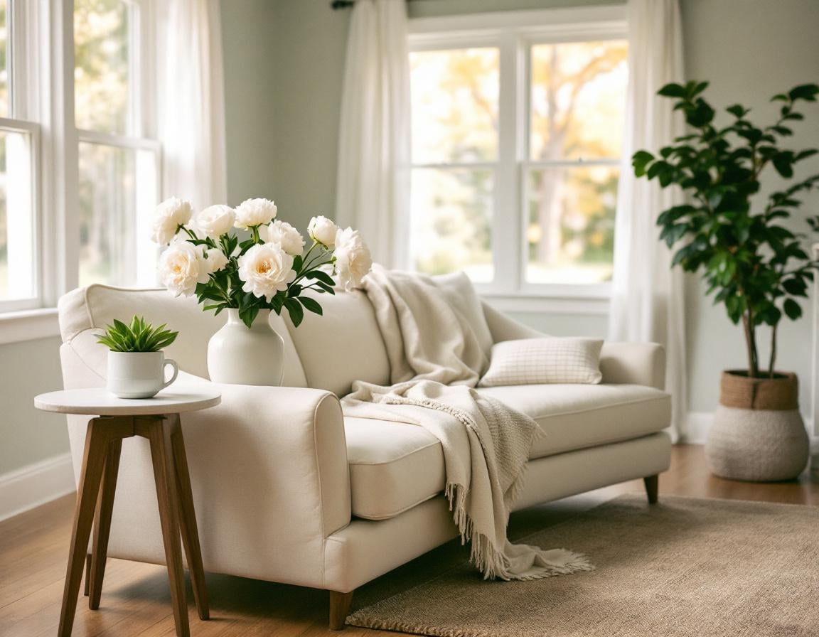 Cream linen sofa with white peonies in a sunlit staged living room, representing Pre-Listing Sparkle Clean.